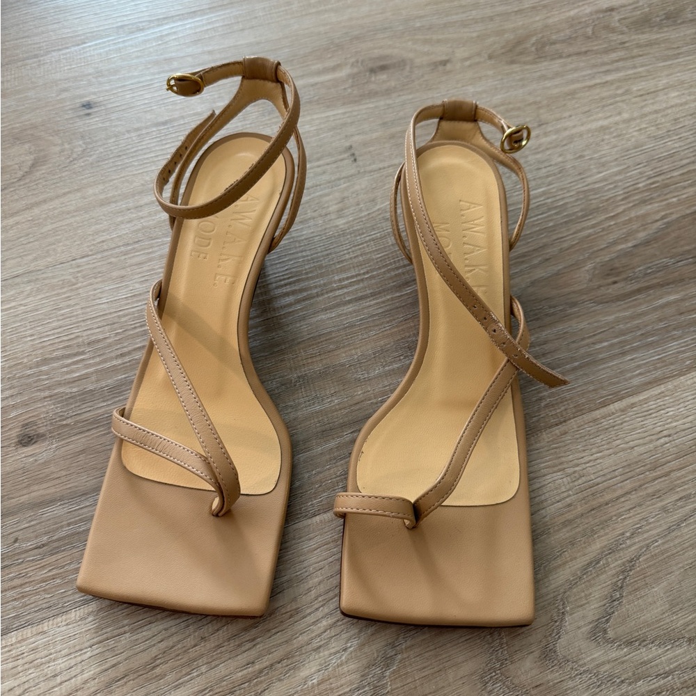 Tan Heels with Square Toe and Ankle Strap